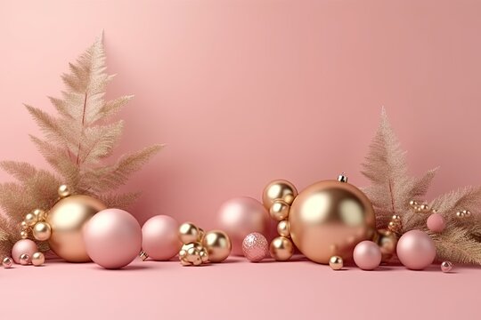 Christmas greeting card with pink and golden glass balls on pink background. Close up. Generative AI.