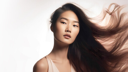 Naklejka premium Asian Model with Voluminous Hair in Luxurious Hair Care Advertisement on white background. Generative AI image