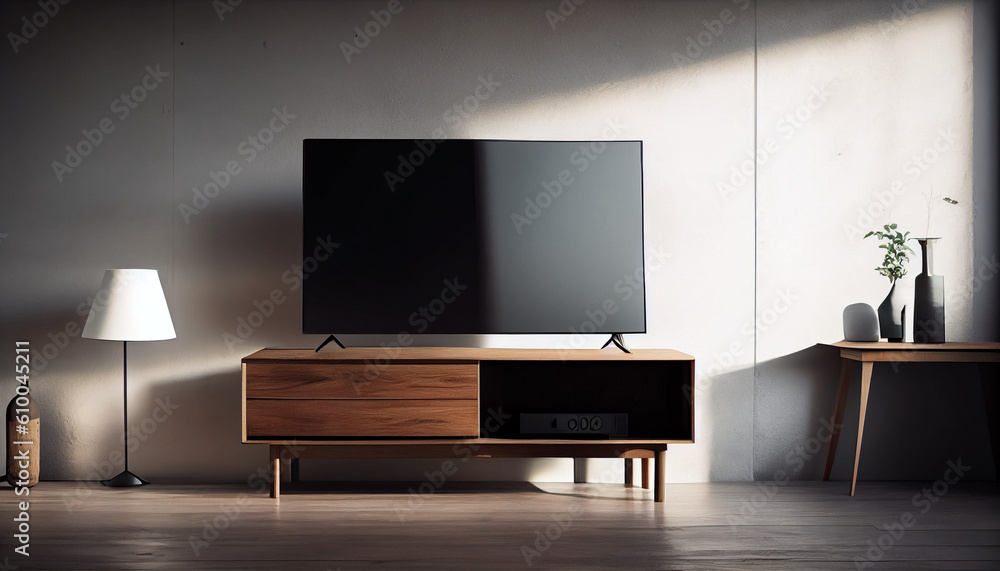 Wall mural Television put on tv stand wood table, in minimal empty spave room background white wall Ai generated image