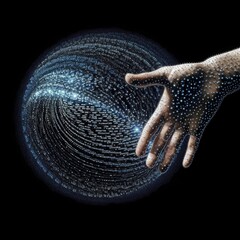 the hand is touching the digital space with the hand of the holographic sphere around him Generative Ai