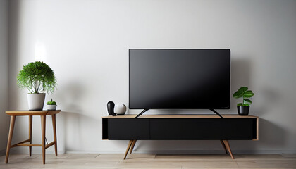 Television put on tv stand wood table, in minimal empty spave room background white wall Ai generated image