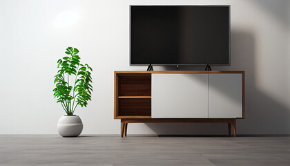 Television put on tv stand wood table, in minimal empty spave room background white wall Ai generated image