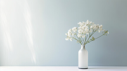 Белые цветы в вазе на фоне голубой стены