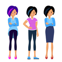 Set girl in tracksuit with asymmetrical haircut on black hair with blue streak of paint.  Businesswoman in dress code. Extravagant girl in bright fashionable clothes