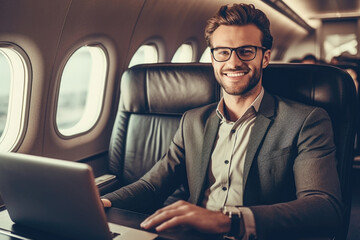 Fototapeta na wymiar Portrait of handsome businessman working on laptop while flying on airplane made with Generative AI technology