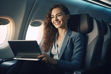 Fototapeta na wymiar Portrait of attractive businesswoman working on laptop while flying on airplane made with Generative AI technology
