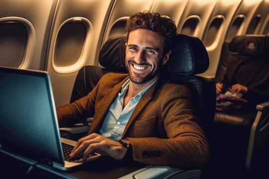 Portrait of handsome businessman working on laptop while flying on airplane made with Generative AI technology