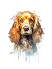 Watercolor cartoon illustration of a cute English Cocker Spaniel puppy on white background. Generative AI.