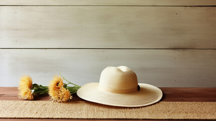 Летняя соломенная шляпа лежит на фоне деревянных досок, лето, минимализм