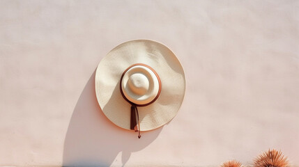Straw hat on the background of a wall