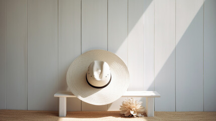 Летняя соломенная шляпа на фоне деревянных досок, лето, минимализм