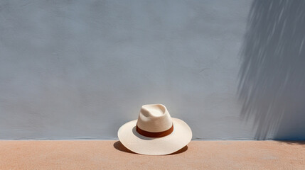Летняя соломенная шляпа на фоне серой стены, лето, минимализм 