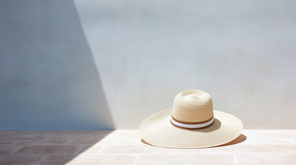 Fototapeta na wymiar Straw hat on the background of a grey wall