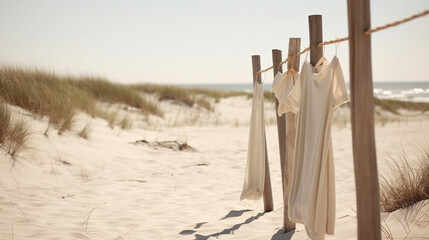 Вещи сушаться на веревке на улицу в пустыне, лето, песок, солнце