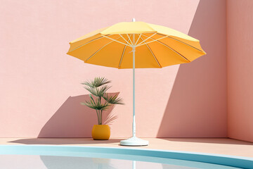 пляжный зонтик на фоне стены рядом цветок 