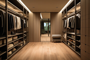Walk-in closet with custom storage solutions, sleek finishes, and integrated lighting, Bauhaus style interior, Interior Design Generative AI