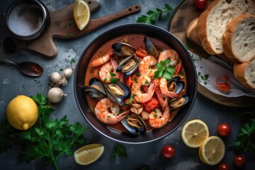 Fototapeta na wymiar stock photo of Cioppino ready to eat in the plate Food Photography AI Generated