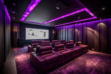 Home theater with plush seating, dimmable lighting, and a modern audiovisual system, Bauhaus style interior, Interior Design Generative AI - obrazy, fototapety, plakaty
