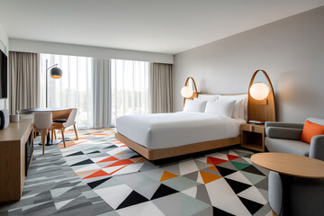 Hotel room with a platform bed, sleek furniture, and a geometric rug, Bauhaus style interior, Interior Design Generative AI