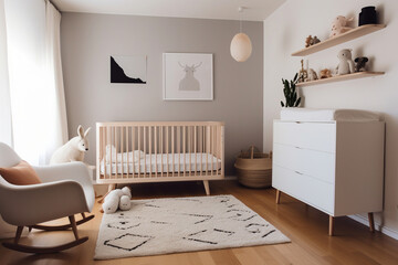 Nursery with a minimalist crib, storage solutions, and neutral tones, Minimalist style interior, Interior Design Generative AI