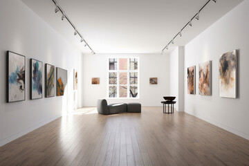Gallery space with minimalist white walls, track lighting, and curated artwork, Minimalist style interior, Interior Design Generative AI