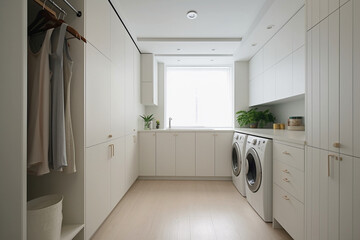 Laundry room with minimalist cabinets, concealed appliances, and efficient storage, Minimalist style interior, Interior Design Generative AI