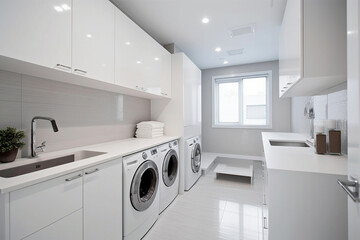 Laundry room with minimalist cabinets, concealed appliances, and efficient storage, Minimalist style interior, Interior Design Generative AI