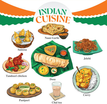 Set of Indian food Cuisine icons in hand engrave style hand drawn illustration isolated, cookery