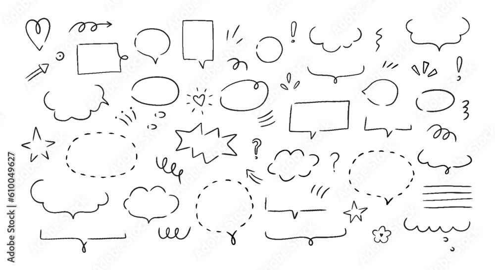 Aufkleber hand drawn set i speech bubbles, clouds and and doodle elements. isolated simple vector illustration