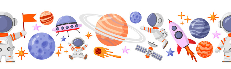 Astronaut and space seamless pattern with space elements. Seamless pattern for design, posters, backgrounds astronaut and space. Planet, comet, galaxy, alienships. © Elena