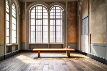 Fototapeta premium Wooden brown bench next to arched windows in a spacious room. Minimalist interior decoration concept. Generative AI