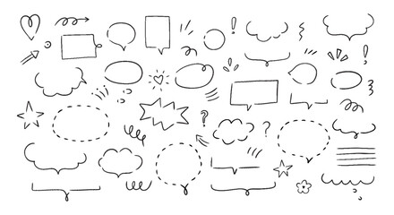 Hand drawn set i speech bubbles, clouds and and doodle elements. Isolated simple vector illustration.