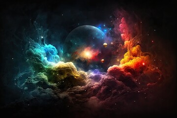 Cosmic multicolored background with planets, stars and nebula