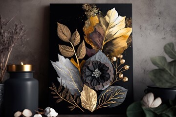 Black and gold abstract painting with flowers, plants and candles on grey background