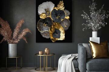 Interior of modern living room with gray armchair, coffee table, black wall