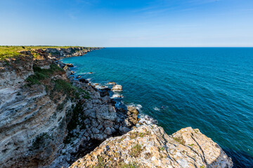 Fototapeta na wymiar Beautiful crystal clear blue water seascape near Kamen Bryag city, Black Sea, Bulgaria.