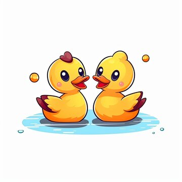Rubber duck logo for Kids companies. Two cute duck splashes in the water, colored bubbles around. AI Generative rubber duck logo on white background