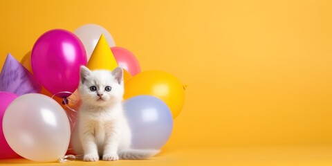Fototapeta na wymiar kitten with colorful balloons on a yellow background. copy space for text.children party.surprise. Happy birthday. AI generated