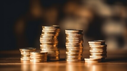 Tax Concept with wooden block on stacked coins on the wooden table.