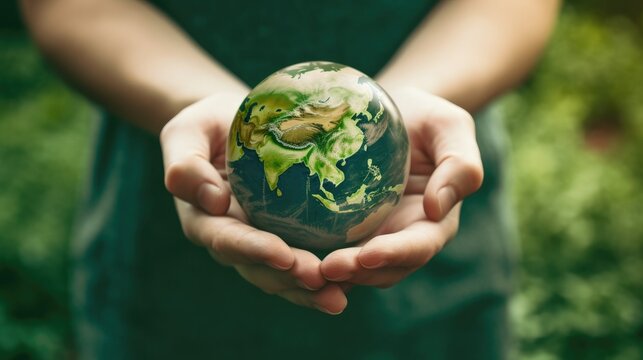 Close up of hands holding the earth on a green background. protect nature. Save Earth. concept of the environment World Earth Day
