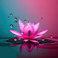 Water splashing over simple pink lotus n bright colors backdrop.