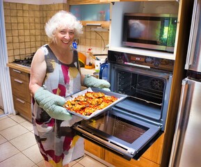 An elderly gray-haired woman takes a baking sheet out of the oven with baked chicken pieces.
