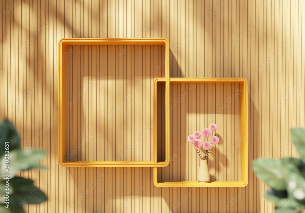 Poster abstract yellow shelf showcase for product display 3d rendering background