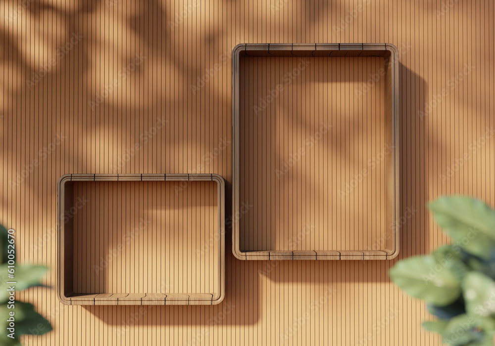 Poster abstract wood shelf showcase for product display 3d rendering background