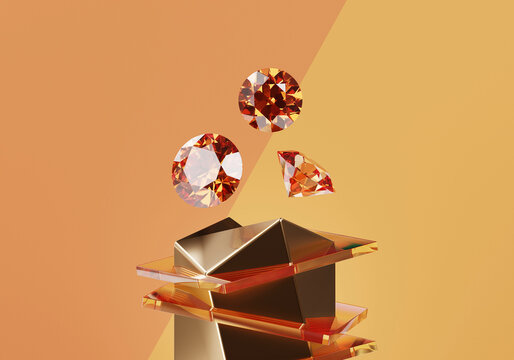 Abstract amber diamond gem placed on brown pedestal background 3d render