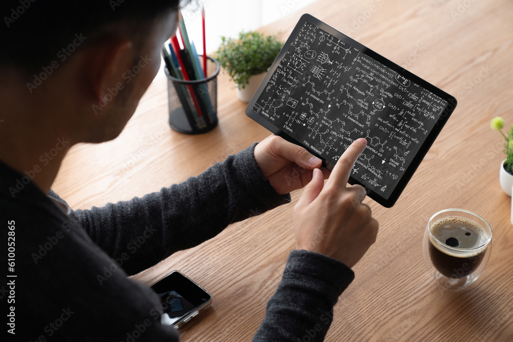 Poster mathematic equations and modish formula on computer screen showing concept of science and education