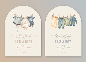Cute baby shower watercolor invitation card for baby and kids new born celebration. Its a girl, Its a boy card with newborn dress.