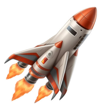 An illustration of a spaceship/rocket ship taking off with fire on a transparent background, cartoon style, Generative AI