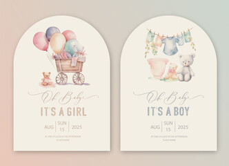Cute baby shower watercolor invitation card for baby and kids new born celebration. Its a girl, Its a boy card with baby stroller, dress and balls. - obrazy, fototapety, plakaty