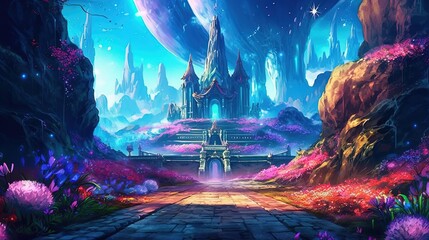 anime illustration scenery background wallpaper, ancient castle among breathtaking nature landscape, Generative Ai
